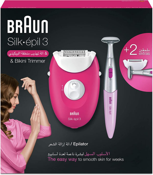 Braun Silk-épil  3420 Raspberry pink epilator plus massage rollers and bikini trimmer