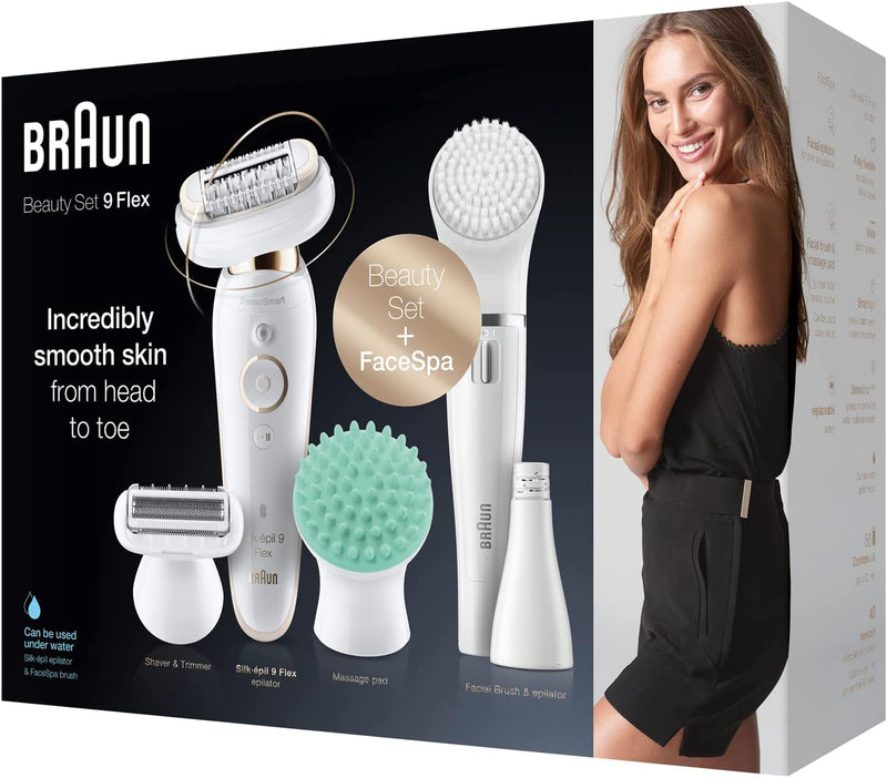 Silk-épil 9 Flex 9300 Beauty Set Wet & Dry epilator with 8 extras including Braun FaceSpa.