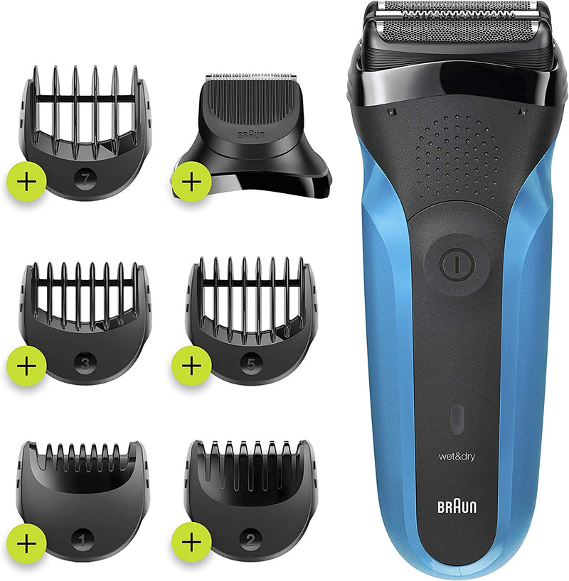 Series 3 Shave&Style 310BT Wet & Dry shaver with trimmer head and 5 combs, black / blue.