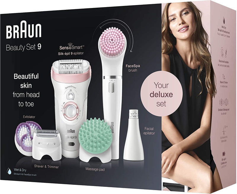 Braun Silkepil 9, Skin Spa SensoSmart Beauty Set  - wet & dry, legs, body & face - 4 in 1 with Face