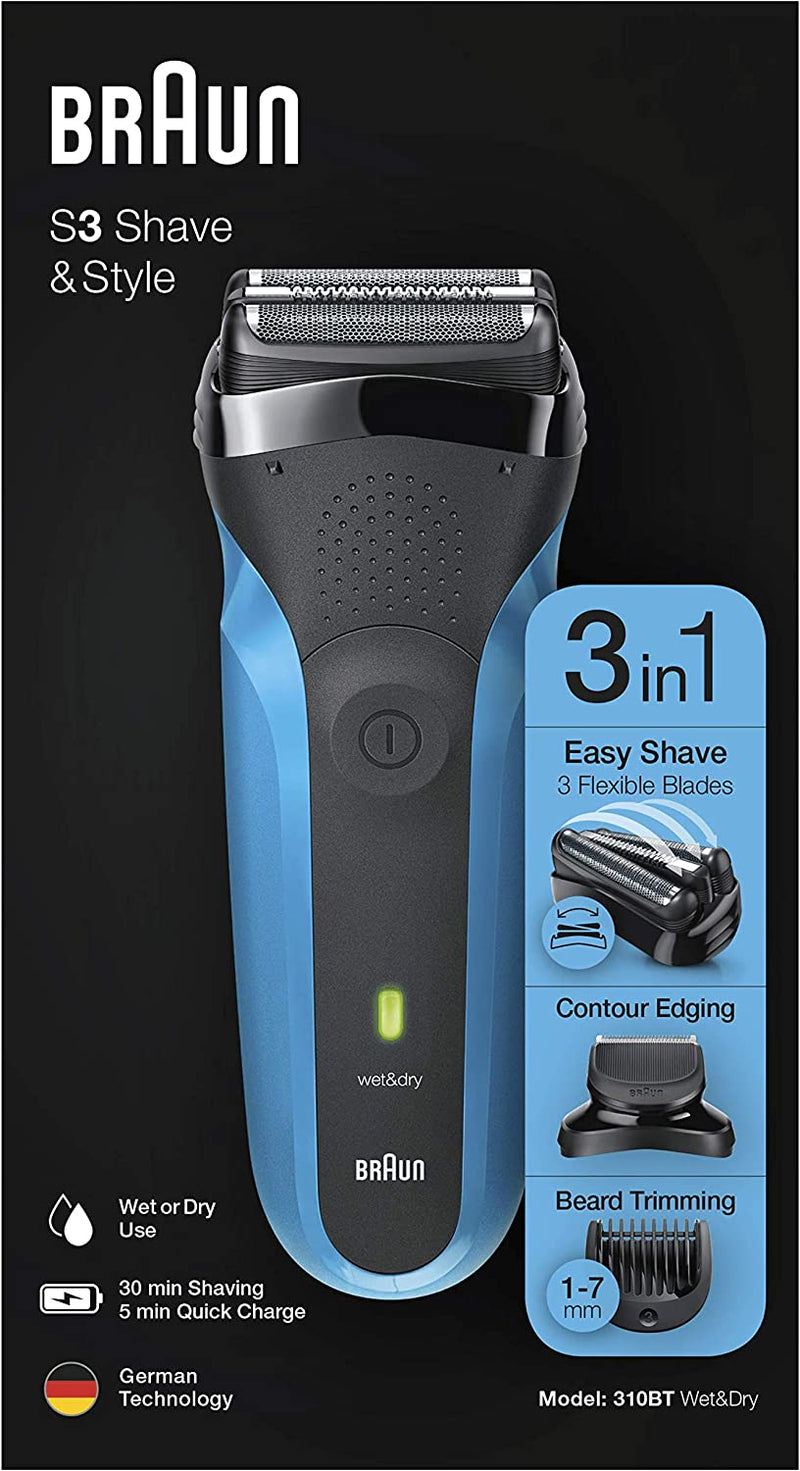 Series 3 Shave&Style 310BT Wet & Dry shaver with trimmer head and 5 combs, black / blue.