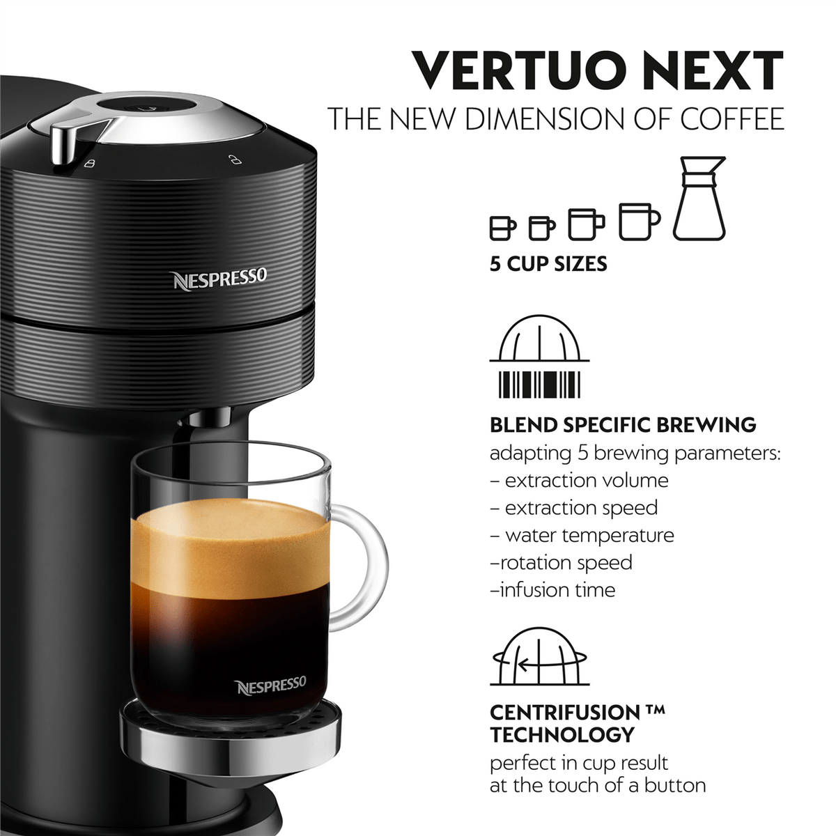 Nespresso Vertuo Next Coffee Machine - Chrome Deluxe Black | Capsule Coffee Maker
