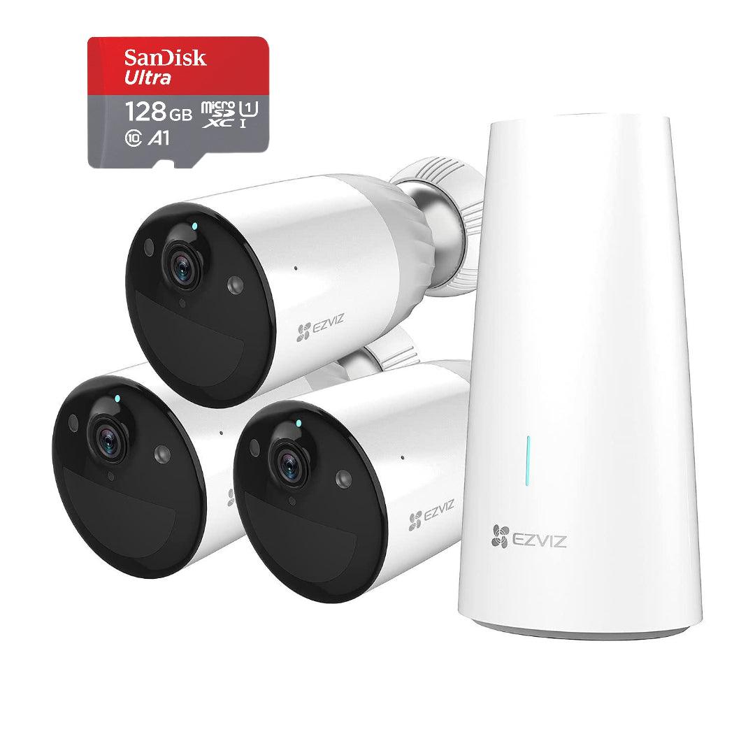 EZVIZ BC1 Battery Cameras 1080p Outdoor WiFi Camera, 365 Days Battery Life, Wireless, Night Vision, Two Way Audio, 3 Camera Kit with 1 Base with SanDisk 128GB Ultra MicroSDXC - Lolly